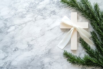 Wall Mural - White christianity wooden cross with white silk ribbon and green fir branch on a light grey marble background with copy space. Christmas holidays. Christian religion background. Flat lay, ai