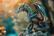 © anatolir - Artistic image of a detailed dragon statue with a mystical, orangehued backdrop