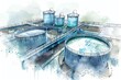 © Tee - Water treatment plant illustration highlighting industrial equipment and large tanks for processing and purifying water.