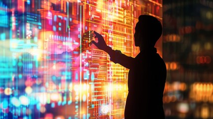 A silhouette of a person interacts with a large screen displaying colorful data and technology visuals, creating a sense of futuristic interaction.