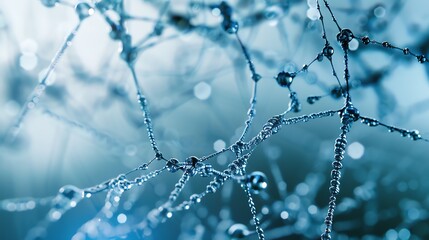 Close-up of a spider web adorned with morning dew droplets, captured in soft blue tones, highlighting the intricate patterns of nature.