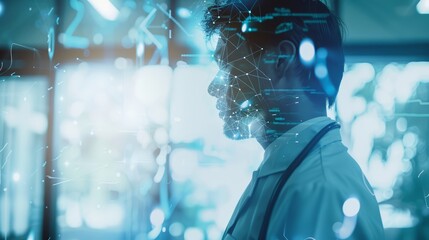 A doctor is standing in a hospital, with a futuristic, blue and white network design over his face and a blurred out hospital room behind him.