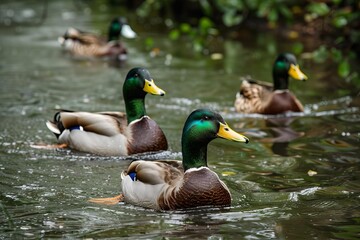 Sticker - A group of mallard ducks afloat in serene pond waters surrounded by lush greenery