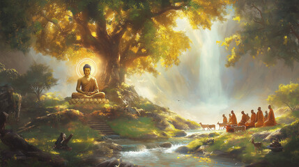 Wall Mural - Buddha with a halo sitting in a lotus position, meditating on the left side of the picture, surrounded by a forest and green grassland. On the right side, there is a group of monks wearing orange robe