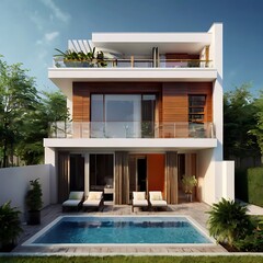 Rendering house model with bright background, luxury modern house on grass with sea view and blue sky background, modern home cross section, beautiful residential house render