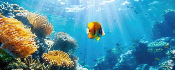 Wall Mural - Vibrant tropical fish swimming over colorful coral reef.