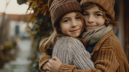 Wall Mural - Little siblings wearing knitted hats sit side by side smiling happily on a sofa in a living room.