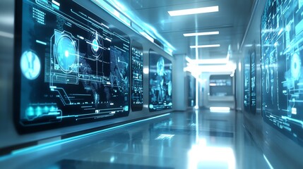 Wall Mural - Futuristic Corridor with Digital Interfaces