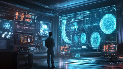 Cyberpunk Control Room with Man Looking at Screen