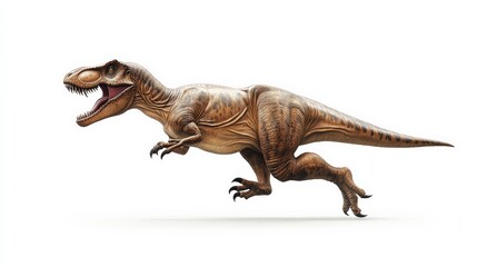 Realistic Tyrannosaurus Rex dinosaur in motion, isolated on a white background. Prehistoric animal illustration for educational or design use.