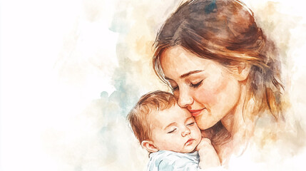 watercolor illustration of a loving mother holding her baby, radiating warmth and tenderness, ideal 