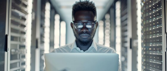 Wall Mural - a professional works intently on a laptop in a high-tech server room, highlighting the focus and pre