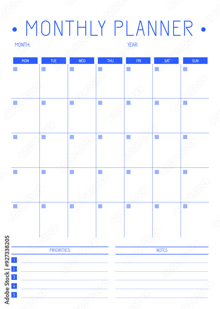 minimalist blank one page monthly calendar planner, notes list ...