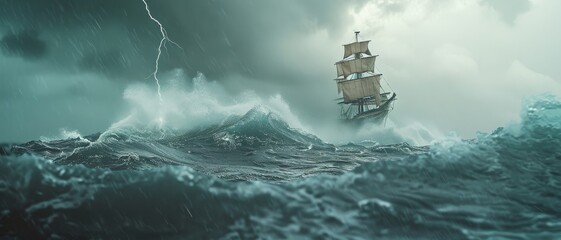 a dramatic seascape featuring a sailing ship battling towering waves and a fierce storm, lightning i