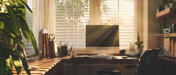 A sunlit, cozy home office with a computer on a wooden desk surrounded by plants and books, offering a serene and productive atmosphere.