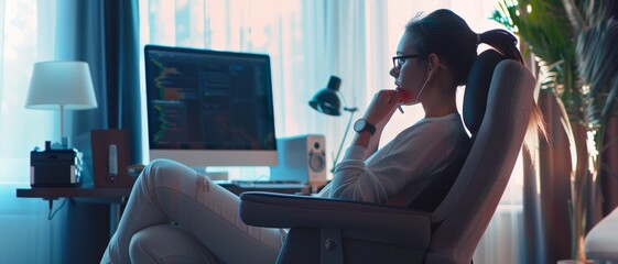 Wall Mural - woman working intently on a computer in a dimly lit home office setup, illuminated by the soft glow 