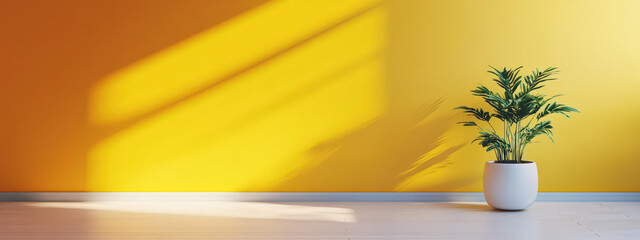 Wall Mural - A white vase with a plant in it sits in front of a yellow wall