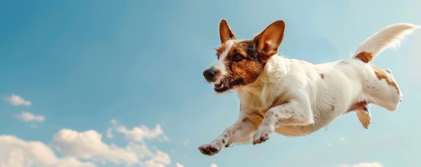 Joyful dog leaping high in the air against blue sky.