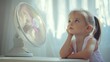 © kinara art design - Little girl sitting at a table looking at a running electric fan to cool down on a hot summer day.