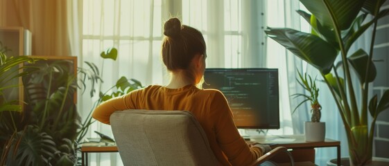 Wall Mural - a woman working diligently on a computer in a home office, surrounded by plants, with sunlight strea
