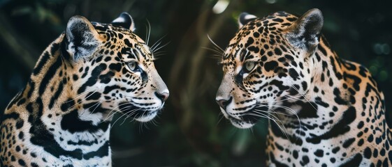 Two leopards face-to-face in a lush jungle, their intense gaze suggesting a conversation in the wild.