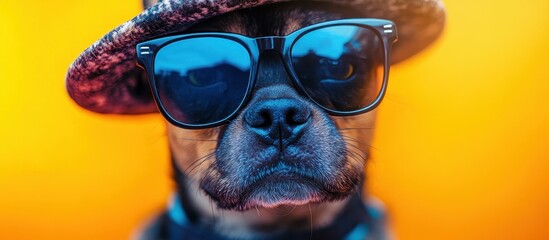 Stylish Dog Wearing Sunglasses and Hat Against Bright Orange Background