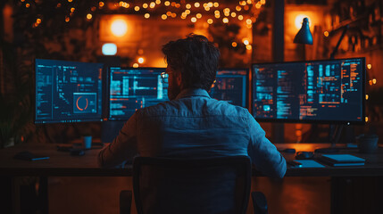 Wall Mural - solopreneur in a modern office, working late at night, multiple screens displaying project progress,