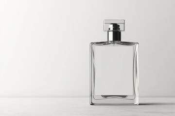 Elegant mockup of a blank perfume bottle displayed on a minimalist surface with soft lighting