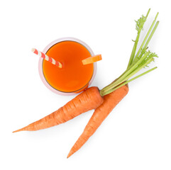 Wall Mural - Healthy carrot juice in glass and fresh vegetables isolated on white, top view