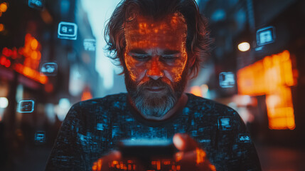 Wall Mural - caucasian man using smartphone in the metaverse, surrounded by floating holographic interfaces of so
