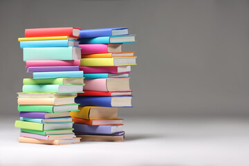 Wall Mural - Stacks of colorful books on light grey background, space for text