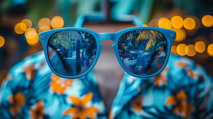 Blue sunglasses casually hanging from a Hawaiian shirt, close-up view highlighting intricate details, tropical patterns and bright colors, high-resolution, stylish and relaxed summer look