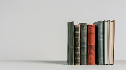 Wall Mural - Row of vintage books with tattered covers on a shelf against a blank backdrop with space for text