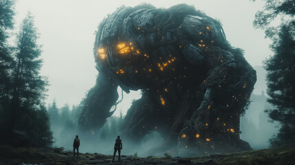 Giant robot intertwined with massive tree roots, bioluminescent plants glowing in the twilight, mystical forest ambiance, surreal mix of nature and machine