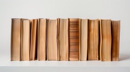 Wall Mural - Lineup of vintage books with aged pages adorns a white bookshelf, symbolizing literature, history, and wisdom