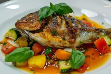 Wall Mural - Elegant plate of grilled fish adorned with basil surrounded by colorful diced vegetables