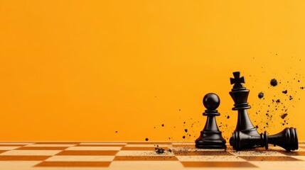 Strategic Game Over - Watercolor Chessboard with Fallen Knight, Flat Design Illustration for Copy Space.