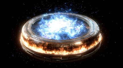 Futuristic Energy Portal With Blue Aura And Fiery Outer Ring