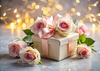 Lovely elegant gift box adorned with fresh rose flowers and delicate ribbons, placed on a soft light background, exuding luxury and sophistication.