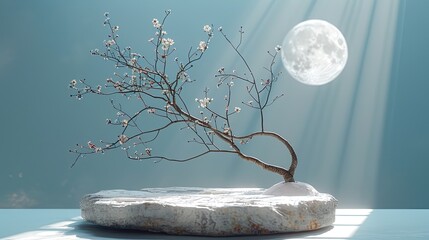 A white stone product display podium is set on light blue sand, featuring a dry tree branch for a minimal and elegant showcase.