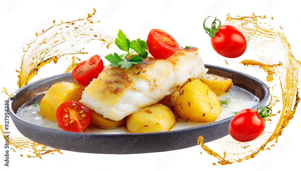 Baked cod with potatoes and cherry tomatoes Splash on a white isolated ...