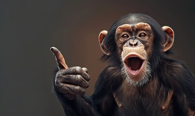 Wall Mural - Amused chimpanzee pointing with excitement. Expressive animal behavior in humorous setting.