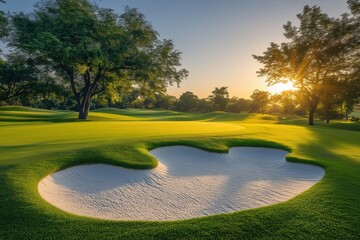 Wall Mural - Beautiful golf course with sand traps, trees and green grass in the background, golden hour