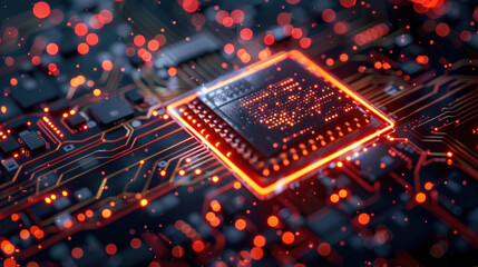 Quantum computer interior with AI chips and electronic circuit board, photorealistic and dark, digital style for tech banner.