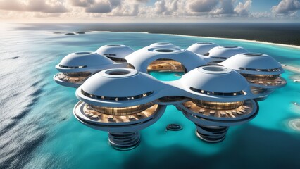 Futuristic Ocean Resort: A breathtaking architectural marvel, a futuristic ocean resort emerges from the turquoise waters, promising a unique and luxurious escape.  