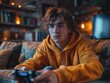 © JMDuran Photography - A young man wearing a hoodie with a game pad in his hands enjoying playing video games in the game console in his living room, sitting on a sofa and looking at the TV screen