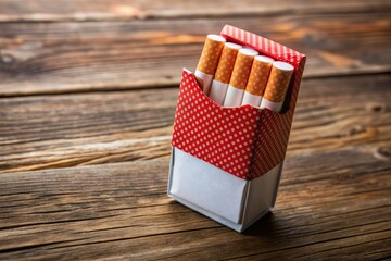 A rectangular pack of unopened cigarettes with a red and white design lies on a rustic wooden table against a blurred background, awaiting consumption.