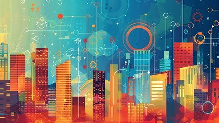 Wall Mural - Colorful abstract cityscape with geometric shapes and lines.