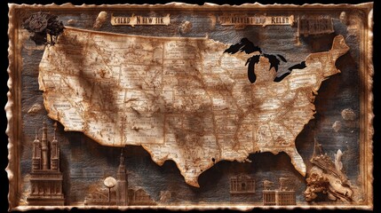 Canvas Print - A vintage-themed state map of New York with marked historical sites and key urban areas.