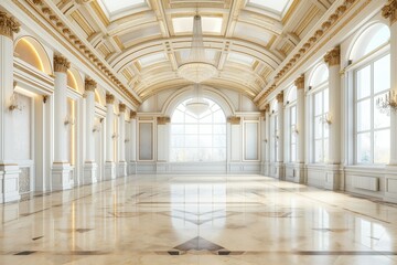 Wall Mural - An empty room with ornate gold and white trim, windows and a chandelier.